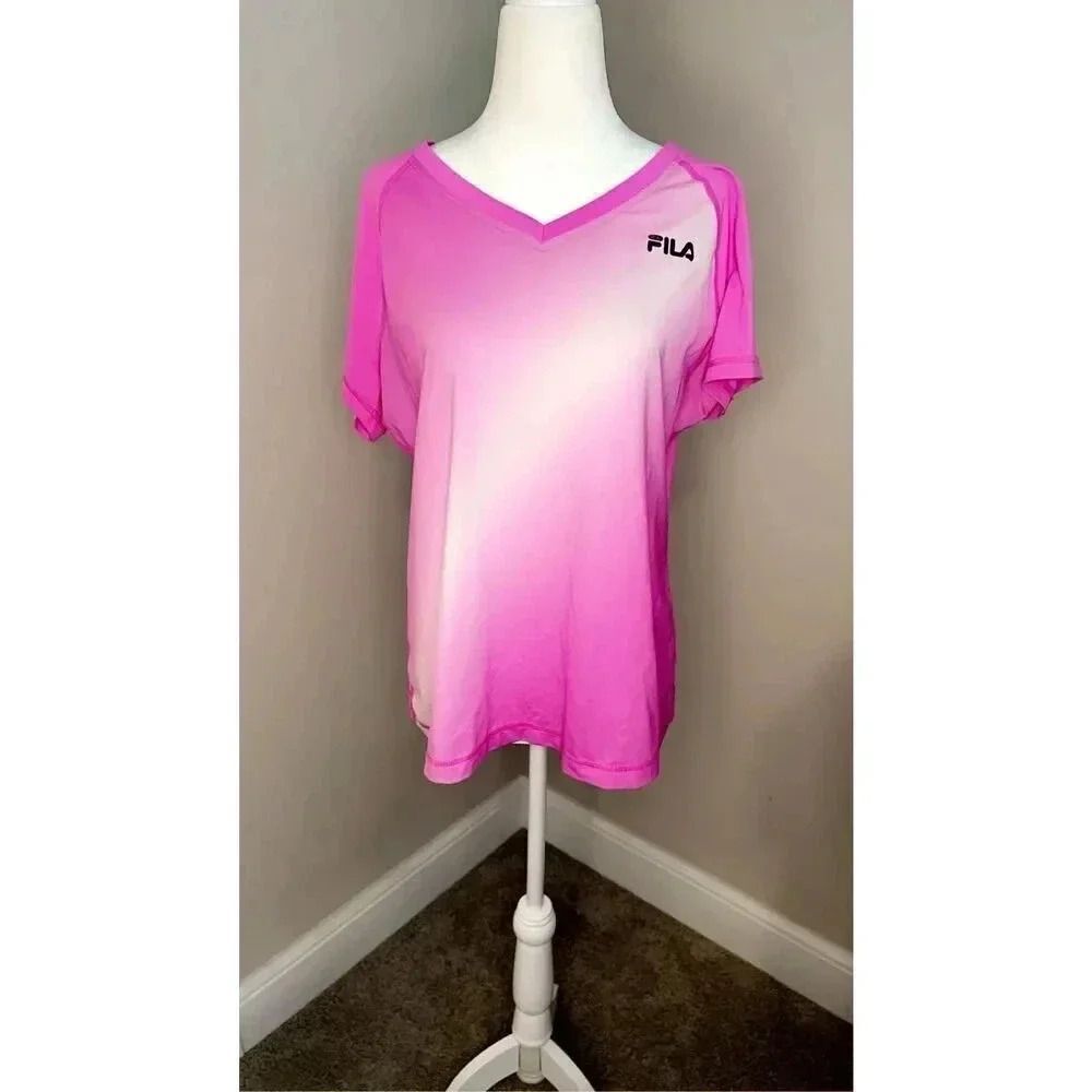 FILA Women's Ombre V-Neck Workout Tee Pink Size XL Moisture-Wicking